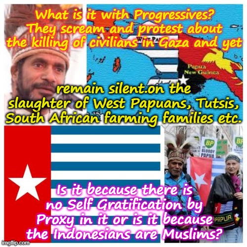 Why do the Left scream support for anything Islamic and yet on the slaughter going on in other countries, they remain silent! | What is it with Progressives? They scream and protest about the killing of civilians in Gaza and yet; remain silent.on the slaughter of West Papuans, Tutsis,
South African farming families etc. Yarra Man; Is it because there is no Self Gratification by Proxy in it or is it because the Indonesians are Muslims? | image tagged in ultra far left labor labour democrats lpc,self gratification by proxy woke virtue signaling,west papua,eiu uin uik,genocide | made w/ Imgflip meme maker