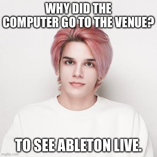 Ableton Live? That’s hella punny! | Why did the computer go to the venue? To see Ableton Live. | image tagged in deadpan guy,puns,funny memes,funny,too funny,ironic | made w/ Imgflip meme maker