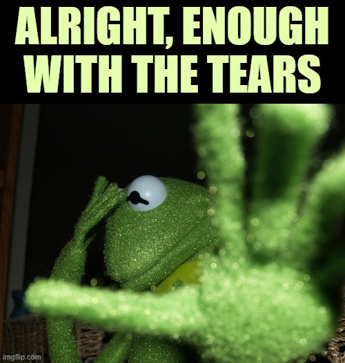 Kermit depressed | alright, enough with the tears | image tagged in kermit depressed | made w/ Imgflip meme maker
