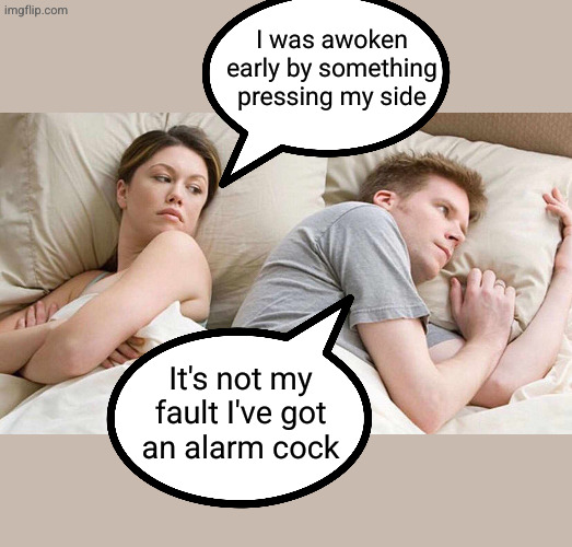 Not a happy girlfriend | I was awoken early by something pressing my side; It's not my fault I've got
an alarm cock | image tagged in i bet he's thinking about other women,alarm,alarm cock,awoken | made w/ Imgflip meme maker