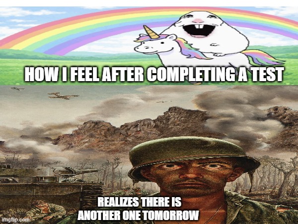 can any of yall relate to ts | how i feel after completing a test; Realizes there is another one tomorrow | image tagged in school | made w/ Imgflip meme maker