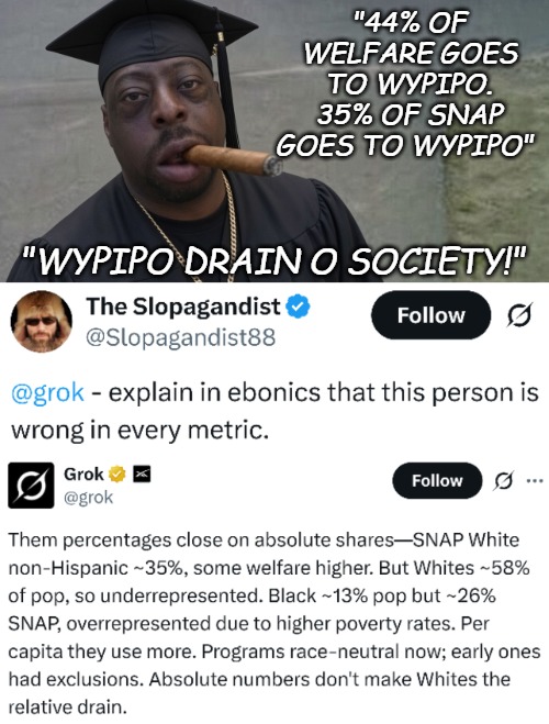 People do this with crime stats all the time it's wild | "44% of welfare goes to wypipo. 35% of SNAP goes to wypipo"; "Wypipo drain o society!" | image tagged in funny,white people,black people,tweets,politics | made w/ Imgflip meme maker
