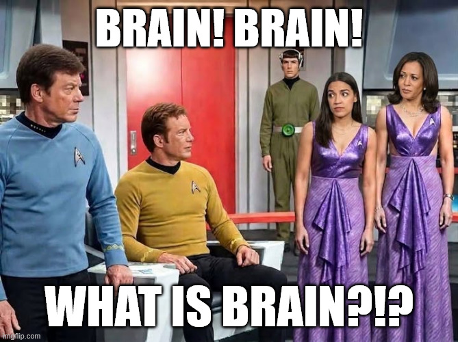 Brain, what is Brain??? | Brain! brain! what IS BRAIN?!? | image tagged in brain what is brain,aoc,kamala harris,dumb and dumber,memes,star trek | made w/ Imgflip meme maker