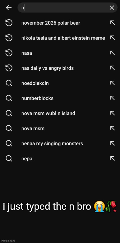 N is a dangerous letter. | i just typed the n bro 😭🥀 | image tagged in n,memes,e | made w/ Imgflip meme maker