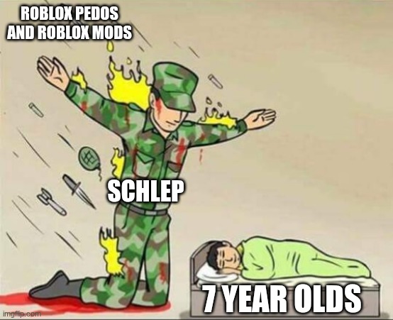 props to schlep btw | roblox pedos and roblox mods; schlep; 7 year olds | image tagged in soldier protecting sleeping child | made w/ Imgflip meme maker