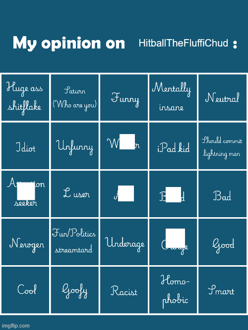 im sometimes cringe for a reason | HitballTheFluffiChud | image tagged in my opinion on user bingo fries/gelatin's version | made w/ Imgflip meme maker