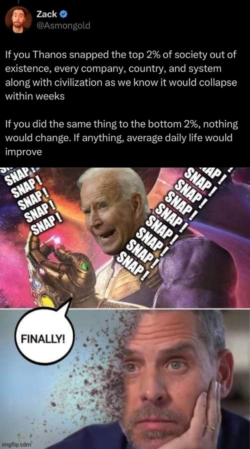 Thanos getting rid of bottom 2 percent | image tagged in img jpeg,biden infinity gauntlet 2,getting rid of bottom 2 percent | made w/ Imgflip meme maker