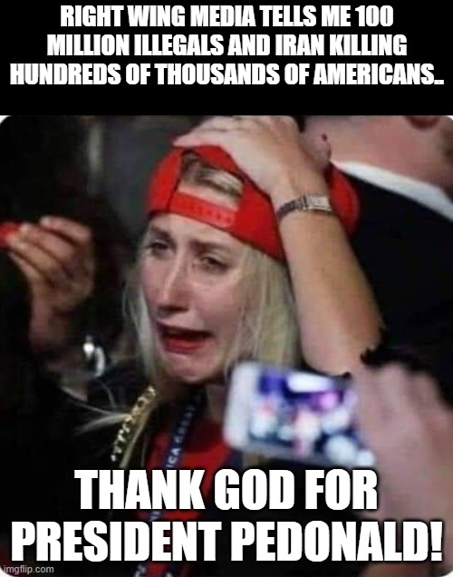 thank God for Trump! | right wing media tells me 100 million illegals and Iran killing hundreds of thousands of americans.. thank god for president Pedonald! | image tagged in trump supporters,maga,nevertrump,trump,trump supporter,trump sucks | made w/ Imgflip meme maker