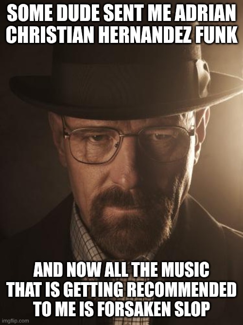 Death of music ig | Some dude sent me Adrian Christian Hernandez funk; and now all the music that is getting recommended to me is Forsaken slop | image tagged in walter white | made w/ Imgflip meme maker
