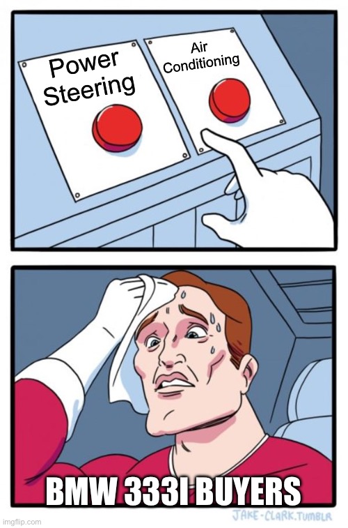 Two Buttons | Air Conditioning; Power Steering; BMW 333i buyers | image tagged in memes,two buttons | made w/ Imgflip meme maker