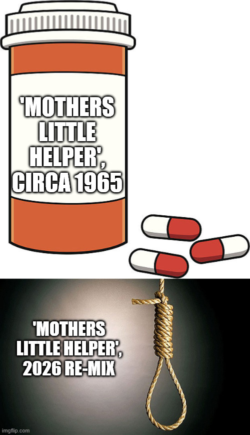 'Mothers Little Helper', circa 1965 'Mothers Little Helper', 2026 Re-mix | image tagged in pill bottle,hangman's noose blank | made w/ Imgflip meme maker