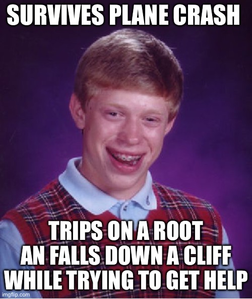 This probably happened too | Survives plane crash; Trips on a root an falls down a cliff while trying to get help | image tagged in memes,bad luck brian,funny,unlucky,plane,plane crash | made w/ Imgflip meme maker