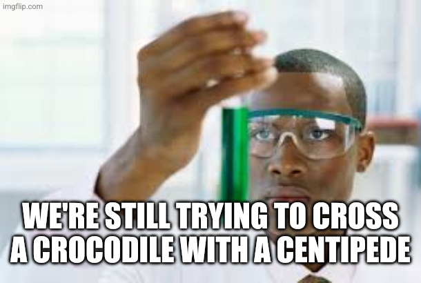 FINALLY | We're still trying to cross a crocodile with a centipede | image tagged in finally | made w/ Imgflip meme maker