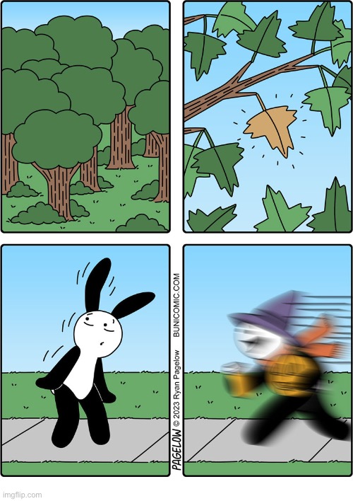 Buni Comics | image tagged in comics,buni comics,fall,green trees,first brown leaf,anticipation | made w/ Imgflip meme maker