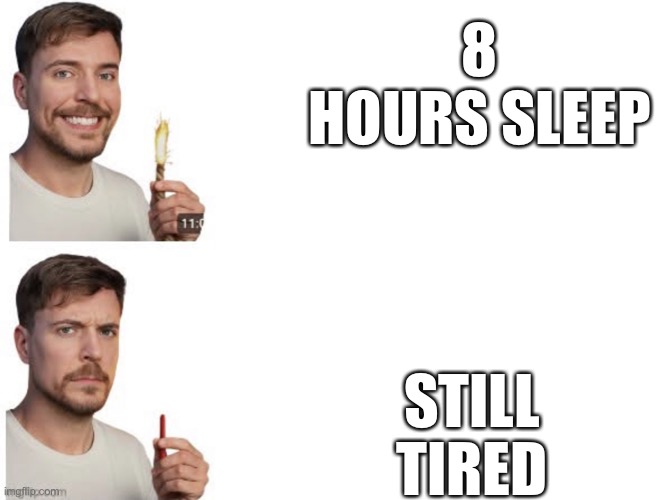 DisappointedMrBeast | 8
Hours sleep; Still tired | image tagged in mr beast fire but lame | made w/ Imgflip meme maker