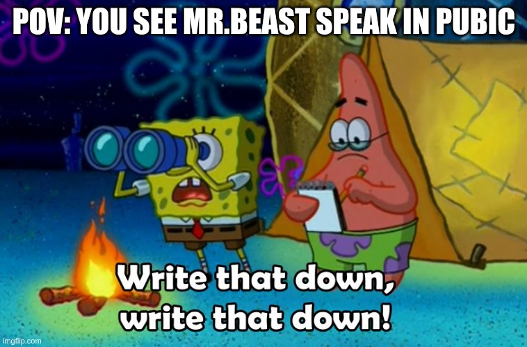 write that down | POV: you see Mr.beast speak in pubic | image tagged in write that down | made w/ Imgflip meme maker