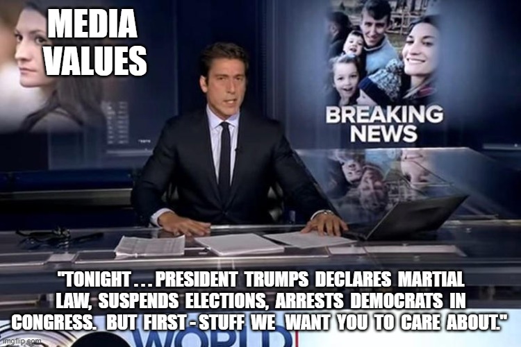 Not Fake - Just Irrelevant | media  values; "tonight . . . president  trumps  declares  martial  law,  suspends  elections,  arrests  democrats  in  congress.   but  first - stuff  we   want  you  to  care  about." | image tagged in stop reading the tags | made w/ Imgflip meme maker
