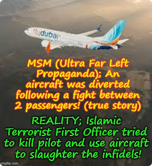 Gotta love the Ultra Far Left MSM, with their DEI / Self Gratification by Proxy / Woke / Virtue Signaling angles! | Yarra Man; MSM (Ultra Far Left Propaganda); An aircraft was diverted following a fight between 2 passengers! (true story); REALITY; Islamic Terrorist First Officer tried to kill pilot and use aircraft
 to slaughter the infidels! | image tagged in fly dubai hijack,saudi israel,islamic terrorism,cnn abc cbs ms now guardian,abc 9 smh age sbs fairfax bbc,911 | made w/ Imgflip meme maker