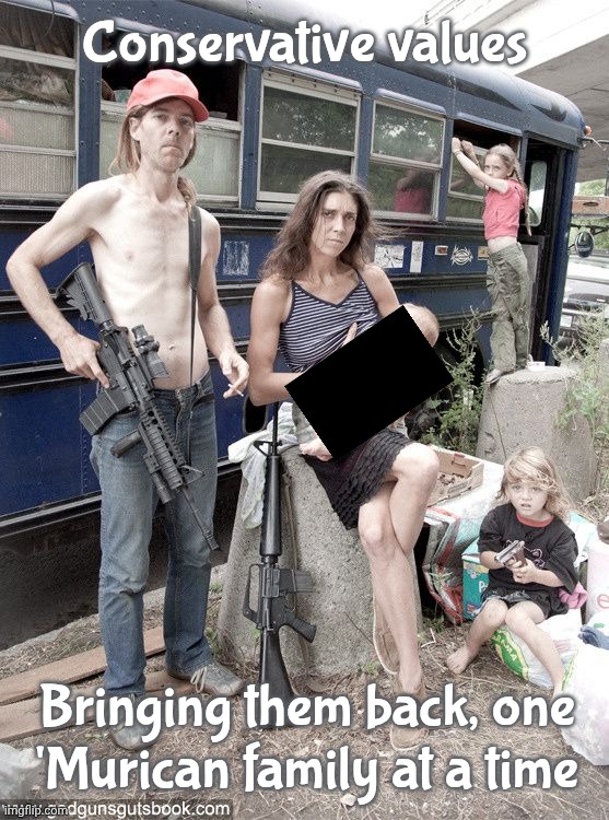 Awkward Family Photo Hillbilly Redneck White Trash | Conservative values Bringing them back, one
'Murican family at a time | image tagged in awkward family photo hillbilly redneck white trash | made w/ Imgflip meme maker