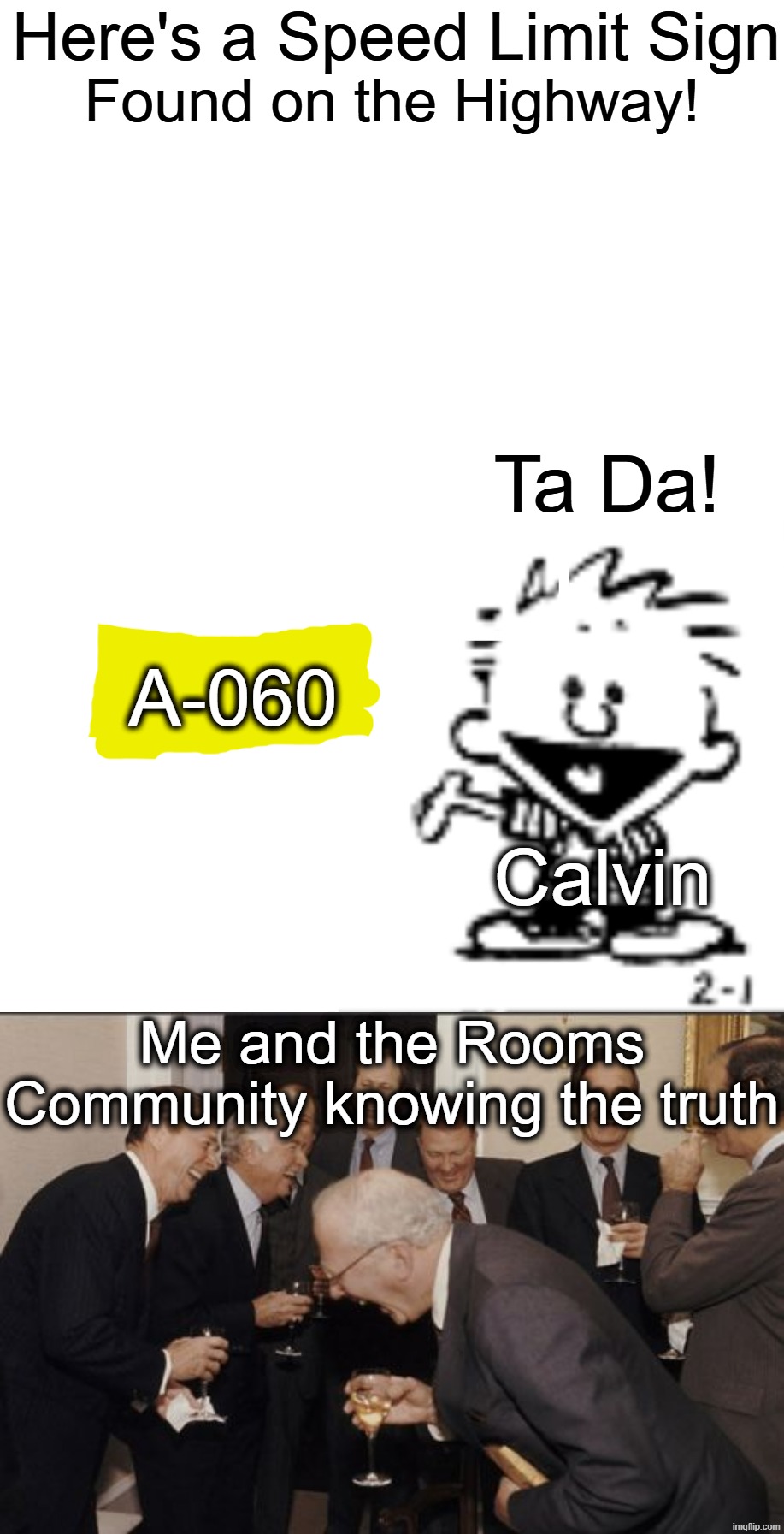 Here's a Speed Limit Sign; Found on the Highway! Ta Da! A-060; Calvin; Me and the Rooms Community knowing the truth | image tagged in behind door number 3,memes,laughing men in suits,roblox rooms,roblox meme,roblox | made w/ Imgflip meme maker