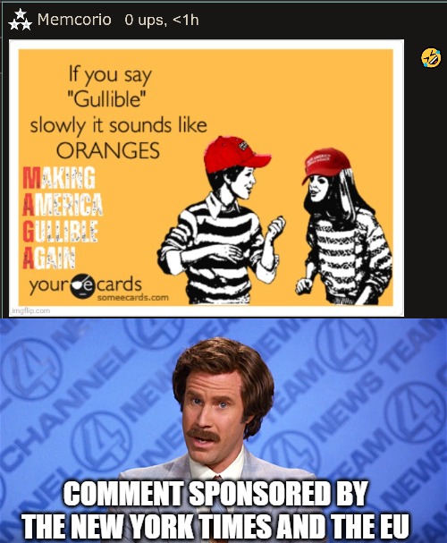 Comment sponsored by the New York Times and the EU | made w/ Imgflip meme maker