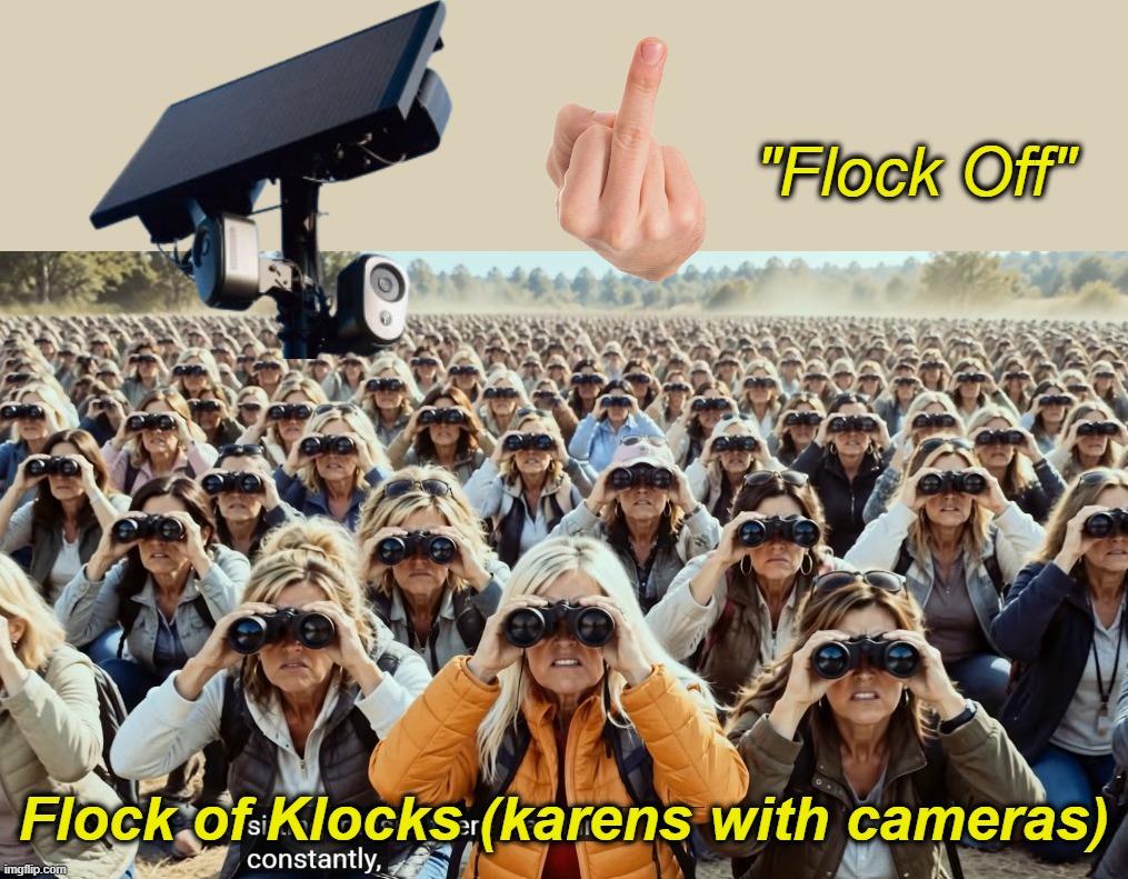 Akin to the bitches that narced on neighbors for BBQing during Covid | "Flock Off"; Flock of Klocks (karens with cameras) | image tagged in flock off meme | made w/ Imgflip meme maker