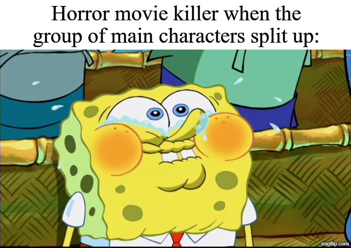 They never learn | Horror movie killer when the group of main characters split up: | image tagged in memes,funny,spongebob | made w/ Imgflip meme maker