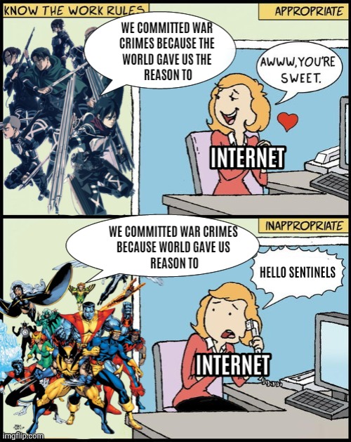 image tagged in hello human resources,xmen,attack on titan,anime,marvel,shingeki no kyojin | made w/ Imgflip meme maker