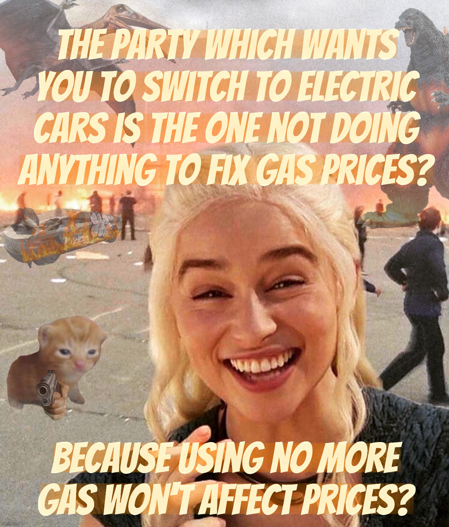 Disaster Smoker Gal kitchen sink edition | The party which wants
you to switch to electric
cars is the one not doing
anything to fix gas prices? Because using no more
gas won't affect | image tagged in disaster smoker gal kitchen sink edition | made w/ Imgflip meme maker