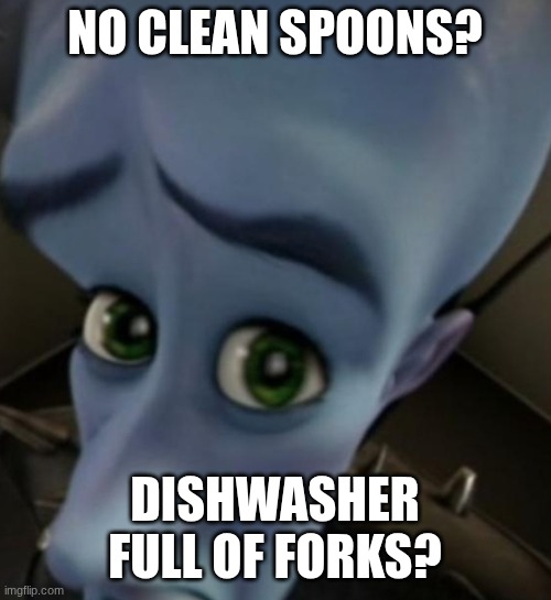 Megamind no bitches | NO CLEAN SPOONS? DISHWASHER FULL OF FORKS? | image tagged in megamind no bitches | made w/ Imgflip meme maker