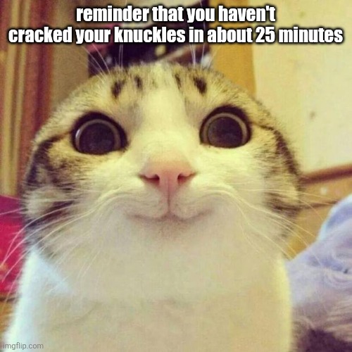 meme plug: https://imgflip.com/gif/b2kqy4 | reminder that you haven't cracked your knuckles in about 25 minutes | image tagged in memes,smiling cat,msmg,naked mole rat | made w/ Imgflip meme maker