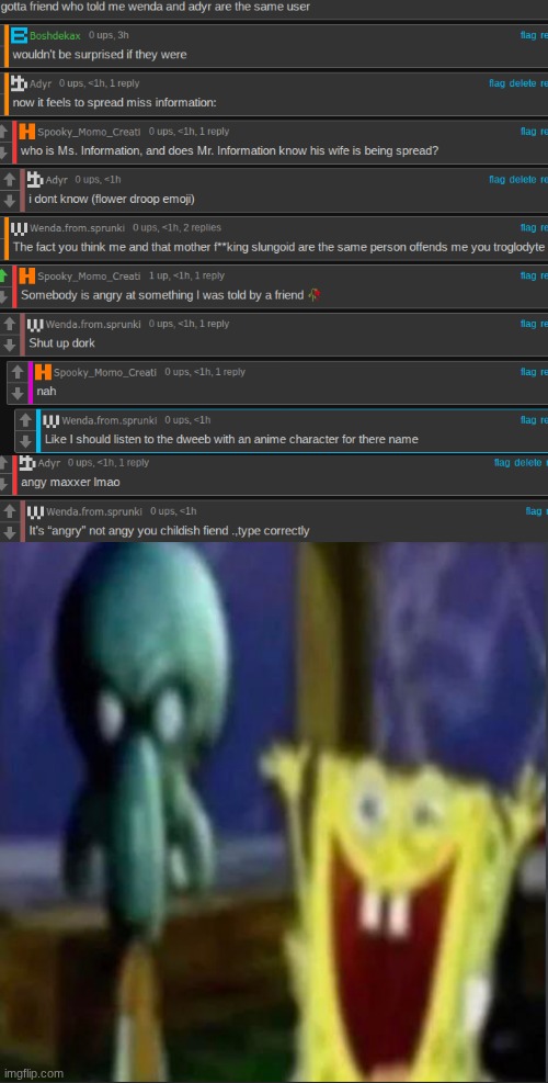 talk about pissed off (crine emoji) | image tagged in angry squidward happy spongebob | made w/ Imgflip meme maker