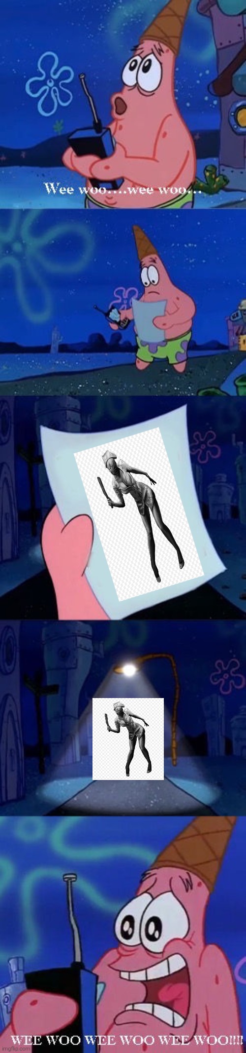 Patrick is terrified of a creepy nurse from Silent Hill | image tagged in patrick star is scared of who/what,silent hill,nurse,scared,monsters,konami | made w/ Imgflip meme maker