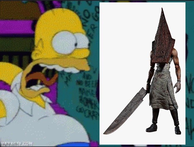 Homer is terrified of Pyramid Head from Silent Hill | image tagged in homer simpson screaming at himself in mirror,pyramid head,silent hill,terrified,monsters | made w/ Imgflip meme maker