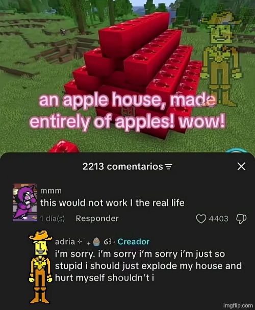 Og had Susie, whoever made this is a larper, she would NOT say that [she would've asked to come in or just start eating it] | image tagged in yellow,seth,apple,minecraft | made w/ Imgflip meme maker