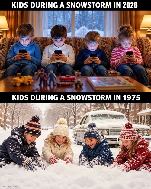 Differences | 2026 | image tagged in repost,kids,snowstorm,the difference,1975,2026 | made w/ Imgflip meme maker
