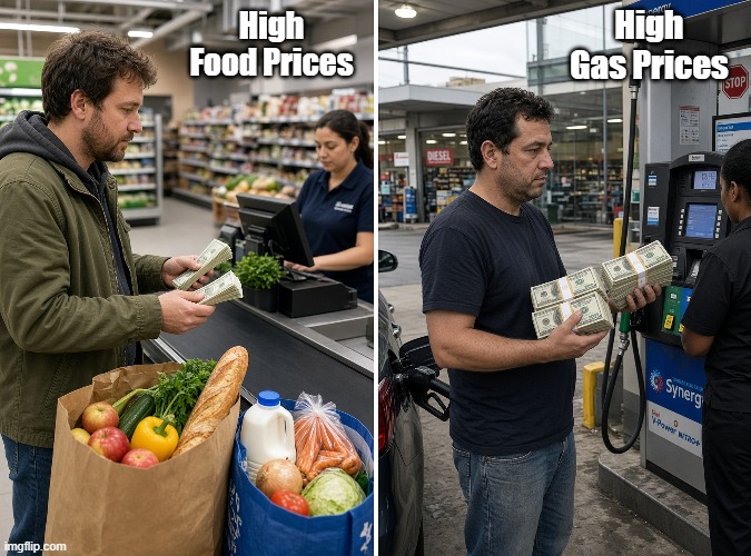 Ignore conservatives telling you to vote Republican. This is what you got the last time you listened to conservatives! | High Gas Prices; High Food Prices | image tagged in liberals vs conservatives,midterms,donald trump you're fired,iran war,high prices | made w/ Imgflip meme maker