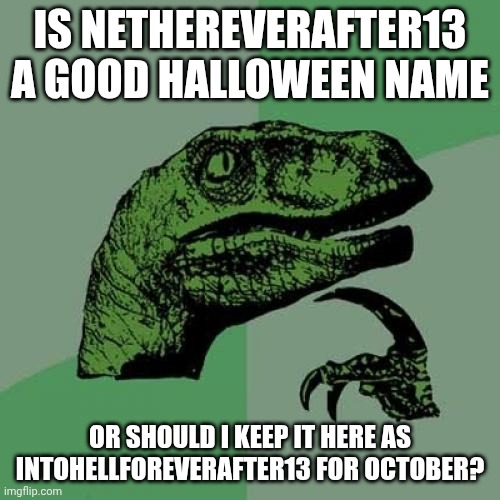 Please tell me I don't know. | Is Nethereverafter13 a good Halloween name; Or should I keep it here as intohellforeverafter13 for October? | image tagged in memes,philosoraptor | made w/ Imgflip meme maker