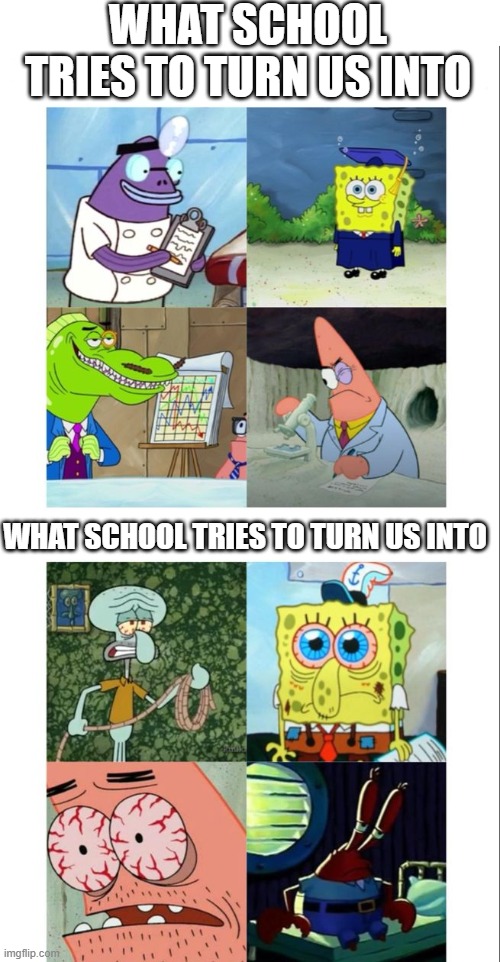 school | what school tries to turn us into; what school tries to turn us into | image tagged in memes | made w/ Imgflip meme maker