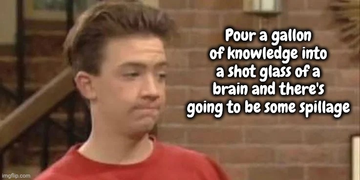 Bud Bundy of Married With Children | Pour a gallon of knowledge into a shot glass of a brain and there's going to be some spillage | image tagged in bud bundy of married with children | made w/ Imgflip meme maker