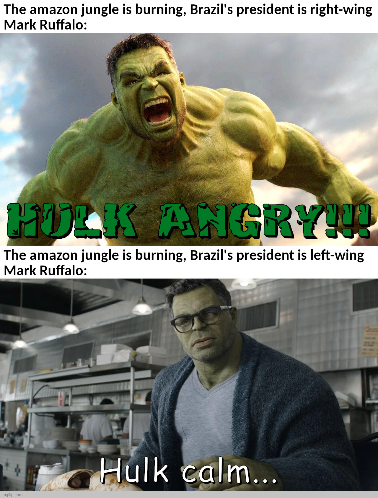 HULK ANGRY! | image tagged in hulk,amazon,brazil,mark ruffalo,angry,calm | made w/ Imgflip meme maker