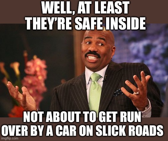 Well, at least they’re safe inside Not about to get run over by a car on slick roads | image tagged in shrug | made w/ Imgflip meme maker