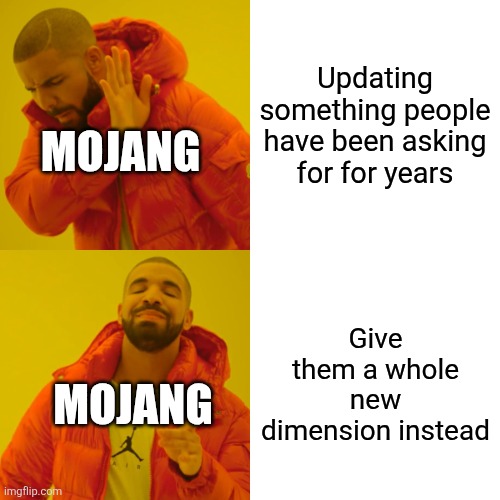 Drake Hotline Bling | Updating something people have been asking for for years; Mojang; Give them a whole new dimension instead; Mojang | image tagged in memes,drake hotline bling | made w/ Imgflip meme maker