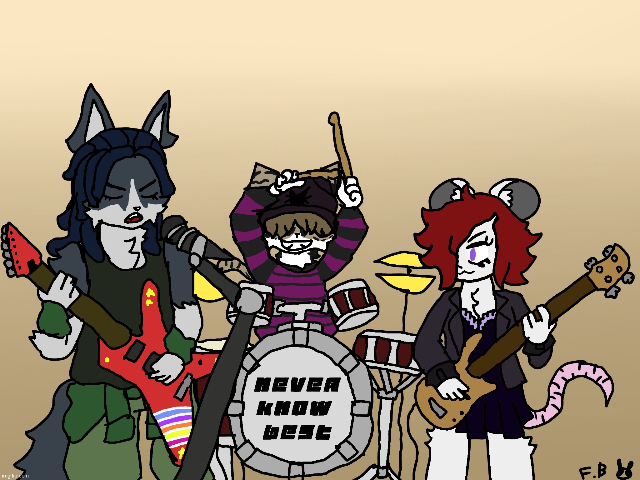 I just had a art vison a while back of having my oc mellion collie being a part of band,so here it is! | image tagged in funny bunny,art,oc | made w/ Imgflip meme maker
