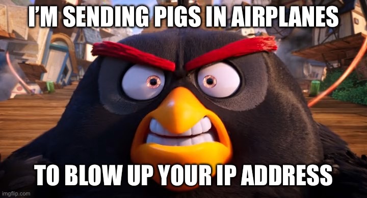 When the user is so Jeffrey that I have to send this threat: | I’M SENDING PIGS IN AIRPLANES TO BLOW UP YOUR IP ADDRESS | image tagged in angry birds movie bomb,jeffrey,ip address,pigs in airplanes | made w/ Imgflip meme maker