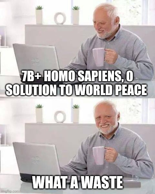 Happy creator | 7B+ homo sapiens, 0 solution to world peace; What a waste | image tagged in memes,hide the pain harold | made w/ Imgflip meme maker