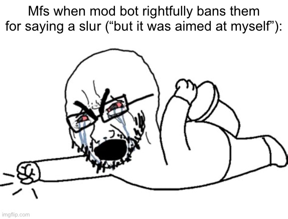 Mfs when mod bot rightfully bans them for saying a slur (“but it was aimed at myself”): | made w/ Imgflip meme maker