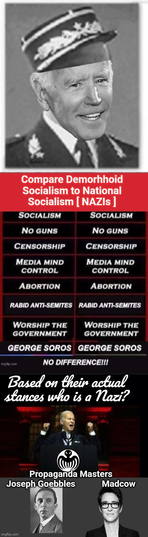 Factually when you compare Nazis to Demorhhoids there's no difference | Propaganda Masters
Joseph Goebbles            Madcow | image tagged in comparing nazis to demorhhoids,madcow is the new goebbles,biden is hitler | made w/ Imgflip meme maker