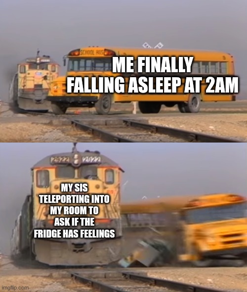 I swear she asks the most random questions to keep me awake | me finally falling asleep at 2AM; my sis teleporting into my room to ask if the fridge has feelings | image tagged in a train hitting a school bus | made w/ Imgflip meme maker