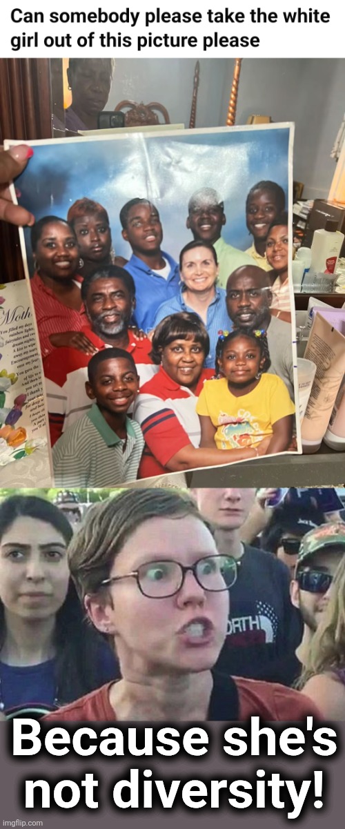Photoshop request | Because she's not diversity! | image tagged in triggered liberal,memes,photoshop requests,white girl,diversity,democrats | made w/ Imgflip meme maker